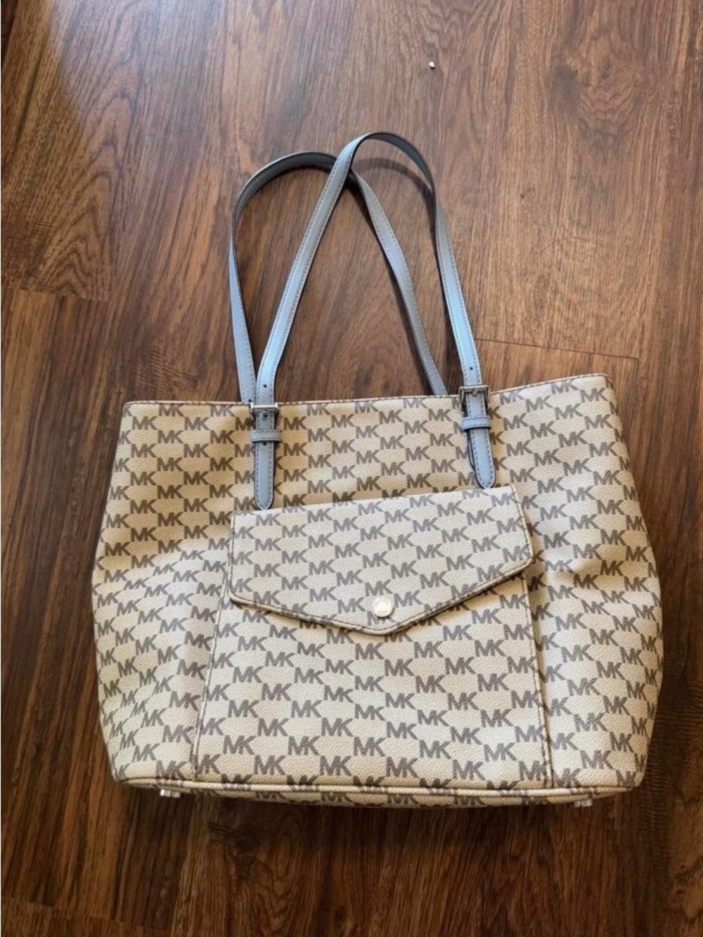 Michael Kors Beige and Brown MK Logo Tote with Light Blue Straps